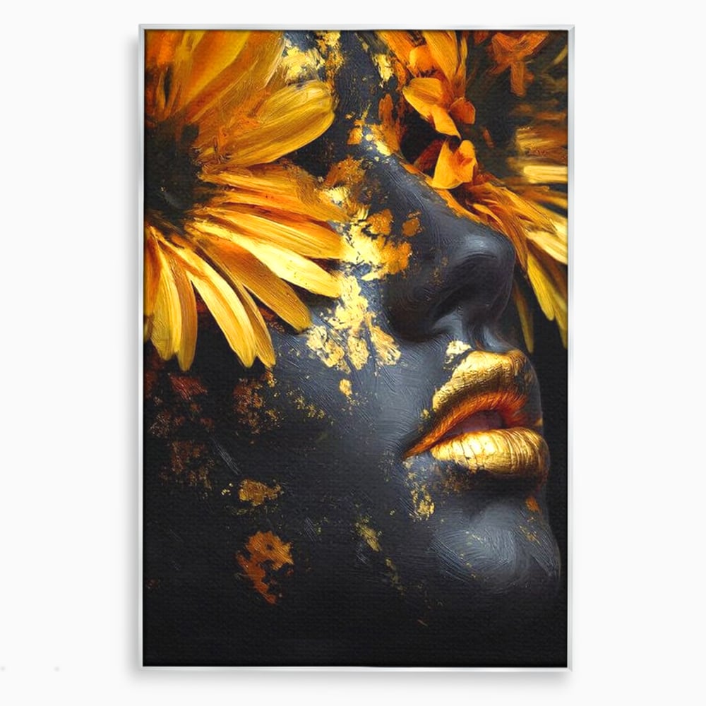 Tablou canvas cu tablou canvas cu portret feminin si foita aurie, in rama de aluminiu argintiu