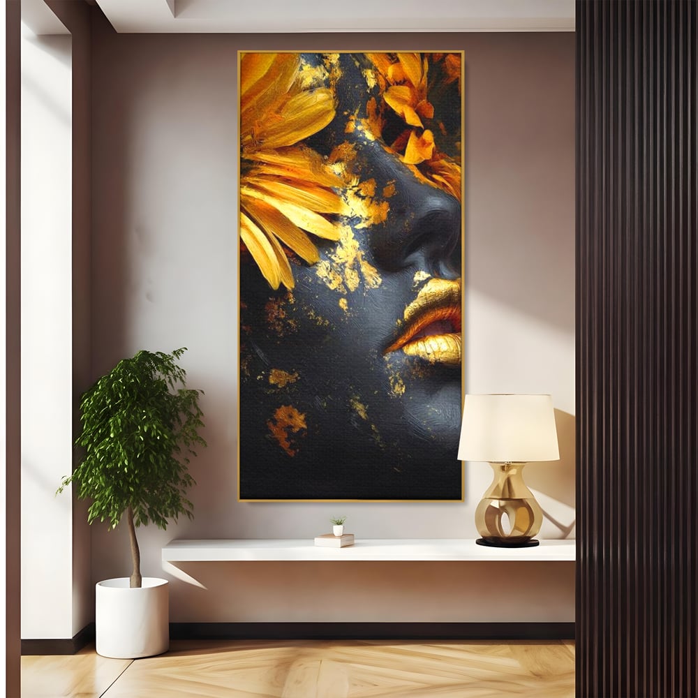 Tablou canvas cu tablou canvas cu portret feminin si foita aurie, in rama de aluminiu auriu