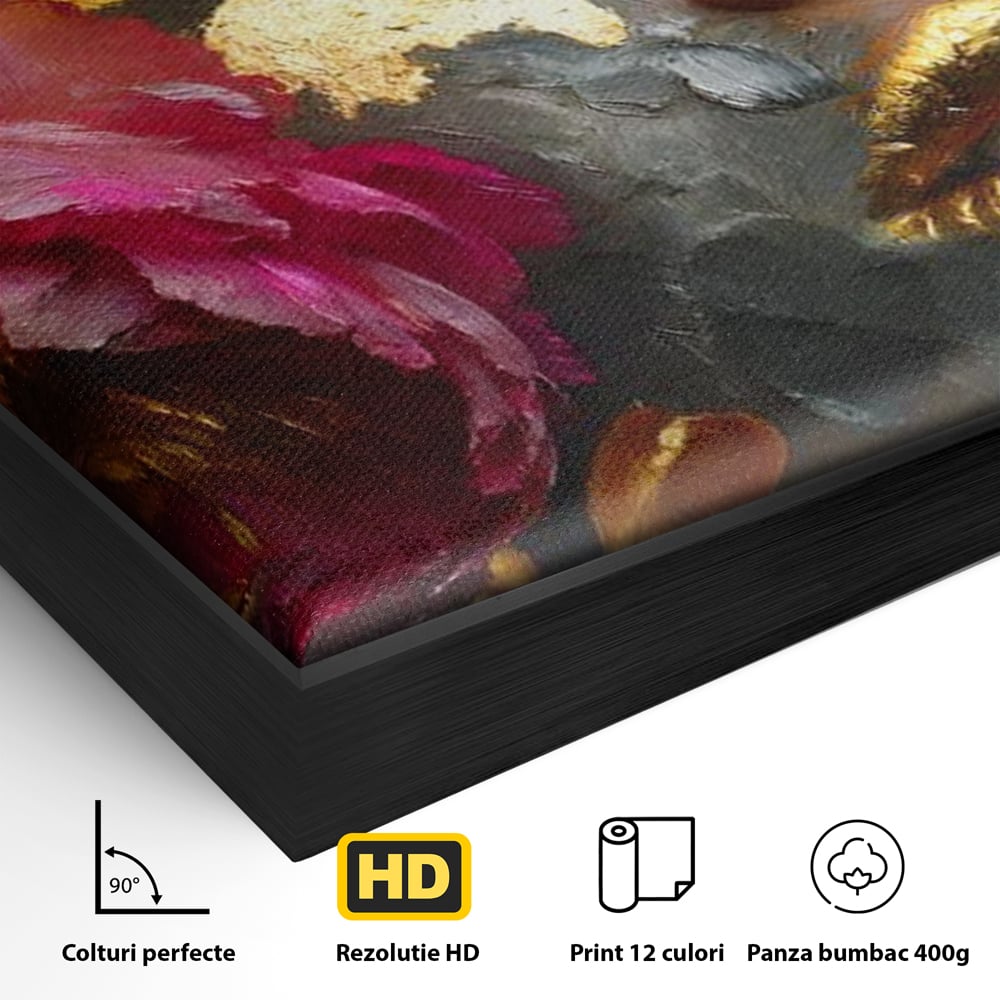 Detaliu al suprafetei: tablou canvas cu portret feminin si foita de aur, in rama de aluminiu negru