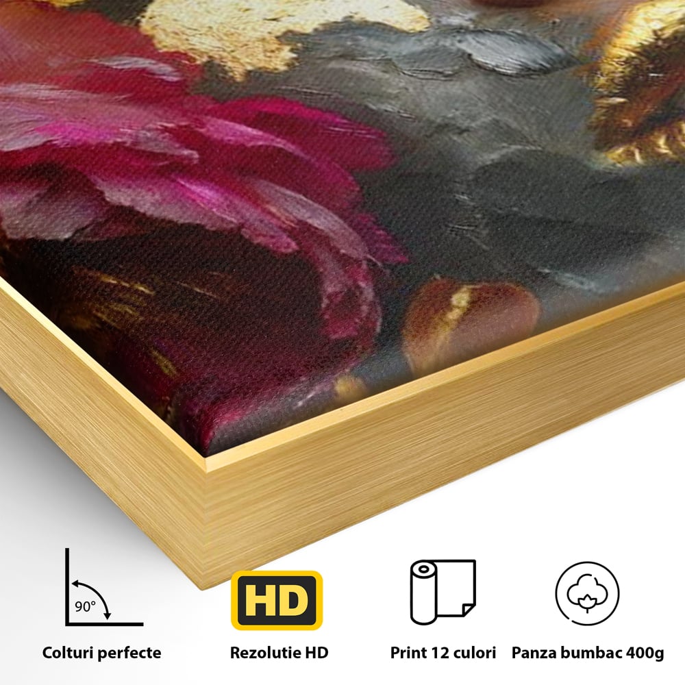 Detaliu al suprafetei: tablou canvas cu portret feminin si foita de aur, in rama de aluminiu auriu