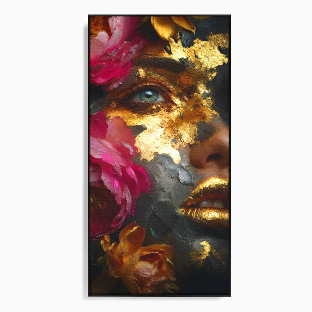 Tablou canvas cu tablou canvas cu portret feminin si foita de aur, in rama de aluminiu negru