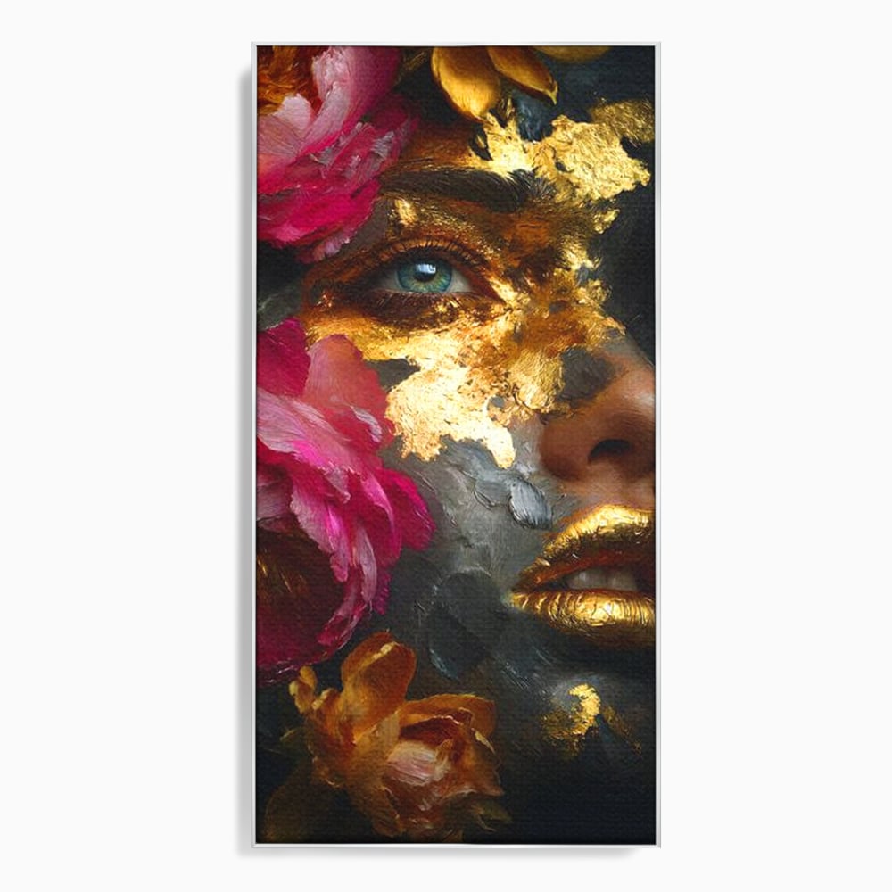 Tablou canvas cu tablou canvas cu portret feminin si foita de aur, in rama de aluminiu argintiu