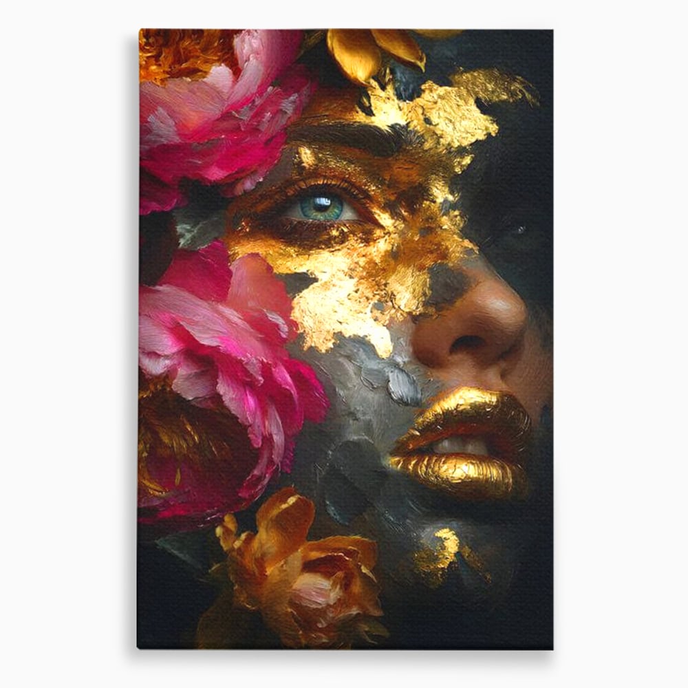 Tablou canvas cu tablou canvas cu portret feminin si foita de aur, fara rama, pe sasiu de lemn