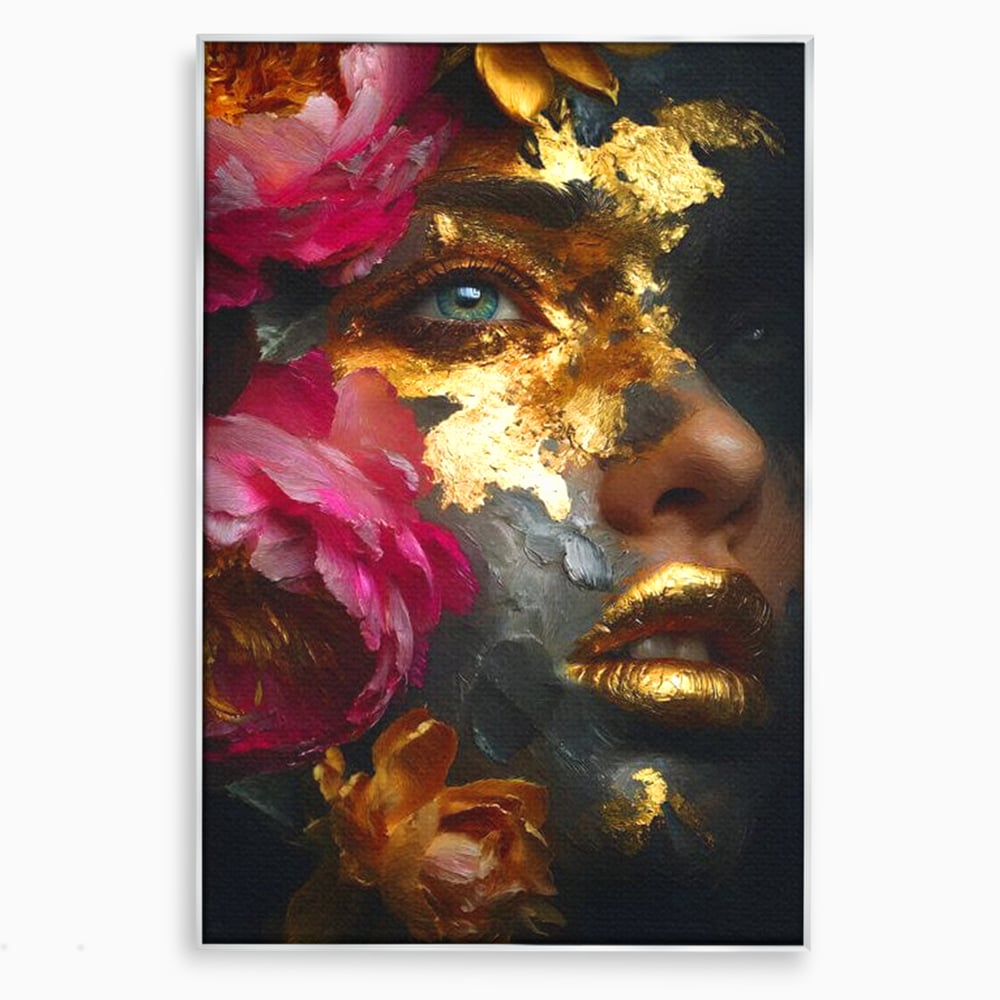 Tablou canvas cu tablou canvas cu portret feminin si foita de aur, in rama de aluminiu argintiu