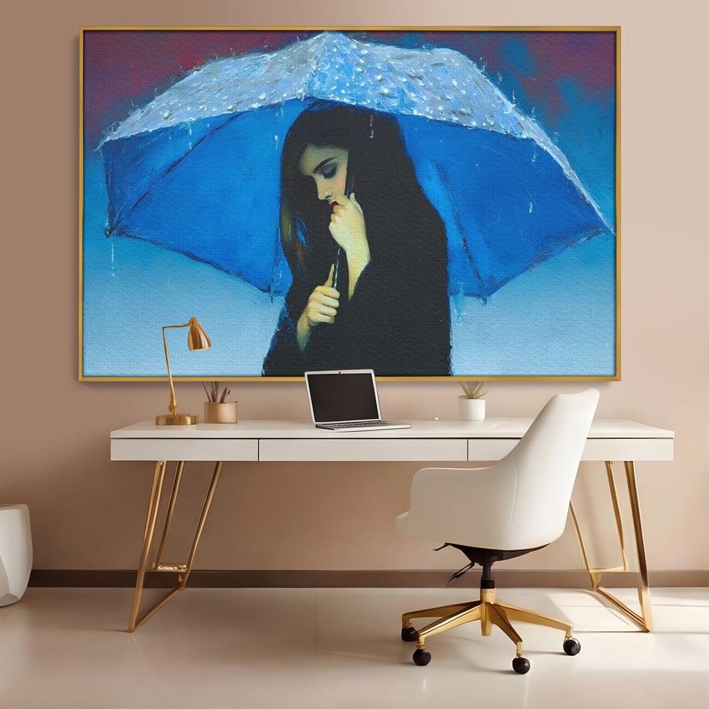 Tablou canvas cu pictura cu femeie sub umbrela albastra, in rama de aluminiu auriu, pe perete intr-un birou