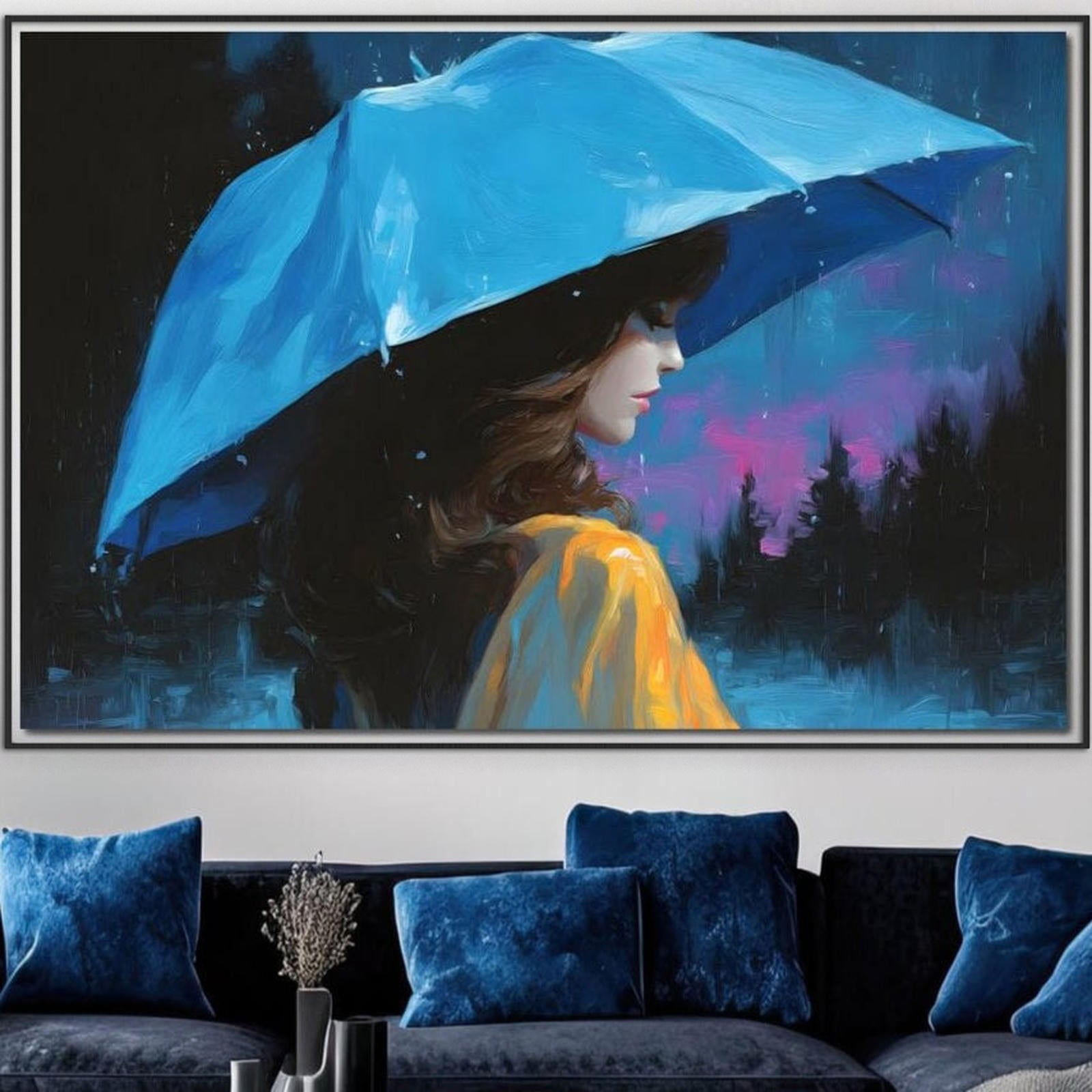 Tablou Canvas Premium, LuxCanva® G1223, Melodia Ploii, Cer, Violet, Umbrela, Albastru, Oda, Singuratate, Lacrimi, Eleganta, Padure, Haina, Galben, Introspectie, Romantism, Salon, Birou, Living, Dormitor