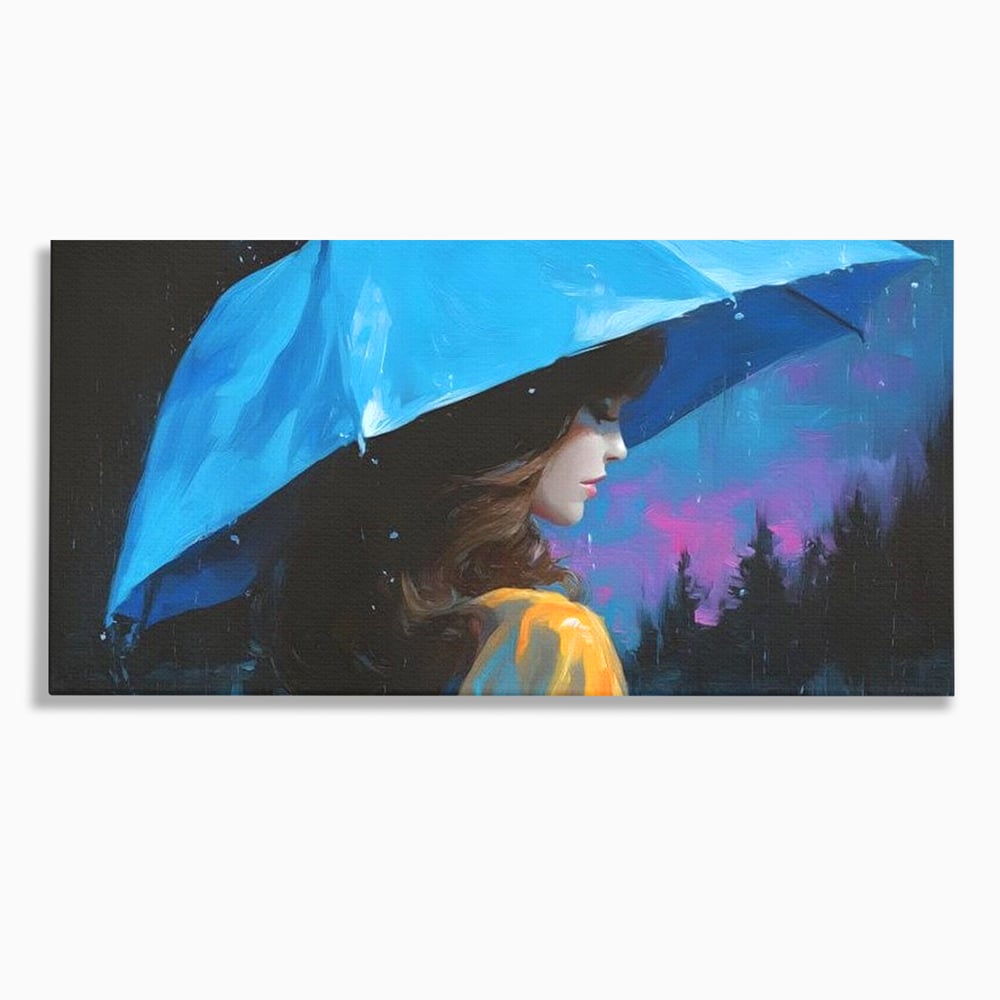 Tablou canvas cu pictura cu femeie sub umbrela albastra, fara rama, pe sasiu de lemn