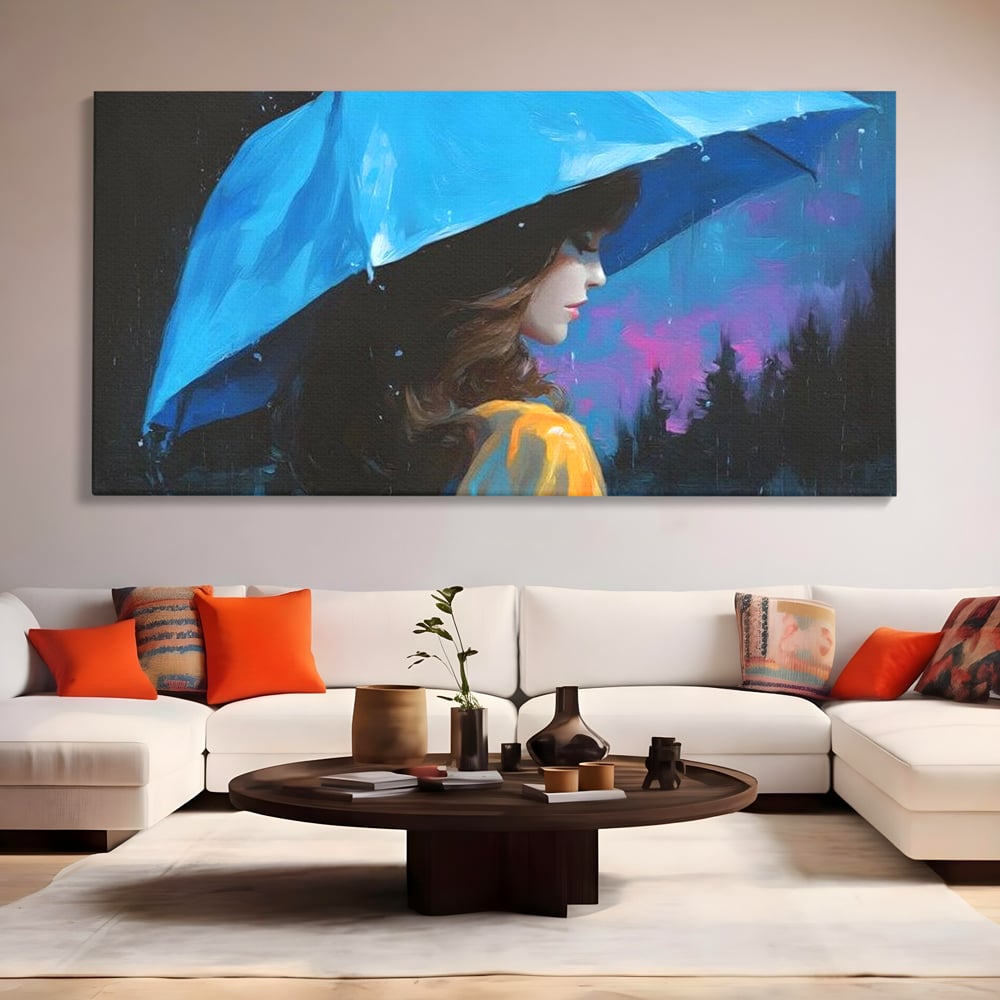 Tablou canvas cu pictura cu femeie sub umbrela albastra, fara rama, pe sasiu de lemn, pe perete intr-un living