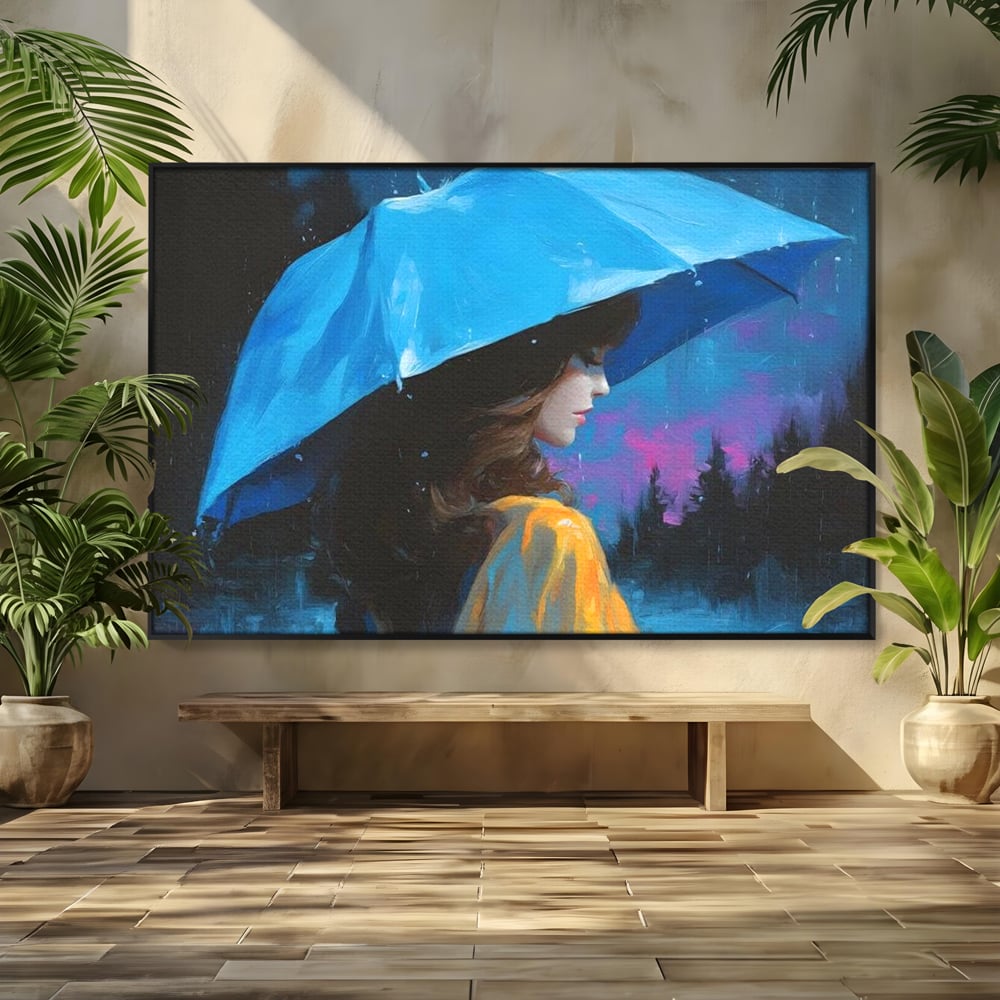 Tablou canvas cu pictura cu femeie sub umbrela albastra, in rama de aluminiu negru