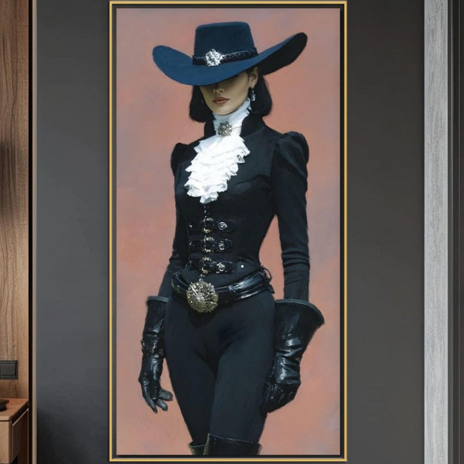 Tablou Canvas Premium, LuxCanva® G1225, Aristocrata Intunericului, Eleganta, Doamna, Palarie, Costum, Negru, Manusi, Mister, Puternica, Rafinata, Autoritara, Lux, Cavaleresc, Salon, Birou, Living, Dormitor