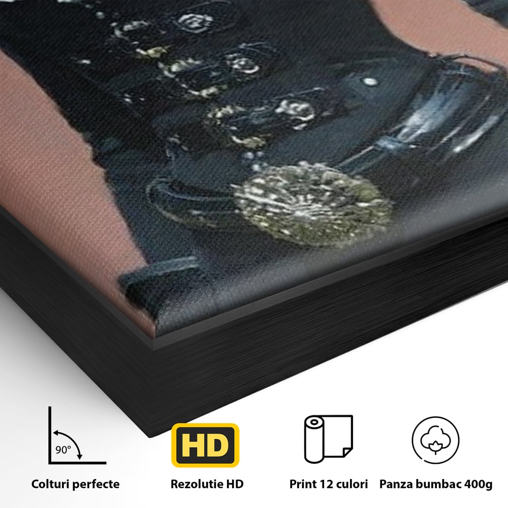 Detaliu al suprafetei: tablou canvas cu femeie aristocrata imbracata in negru, in rama de aluminiu negru