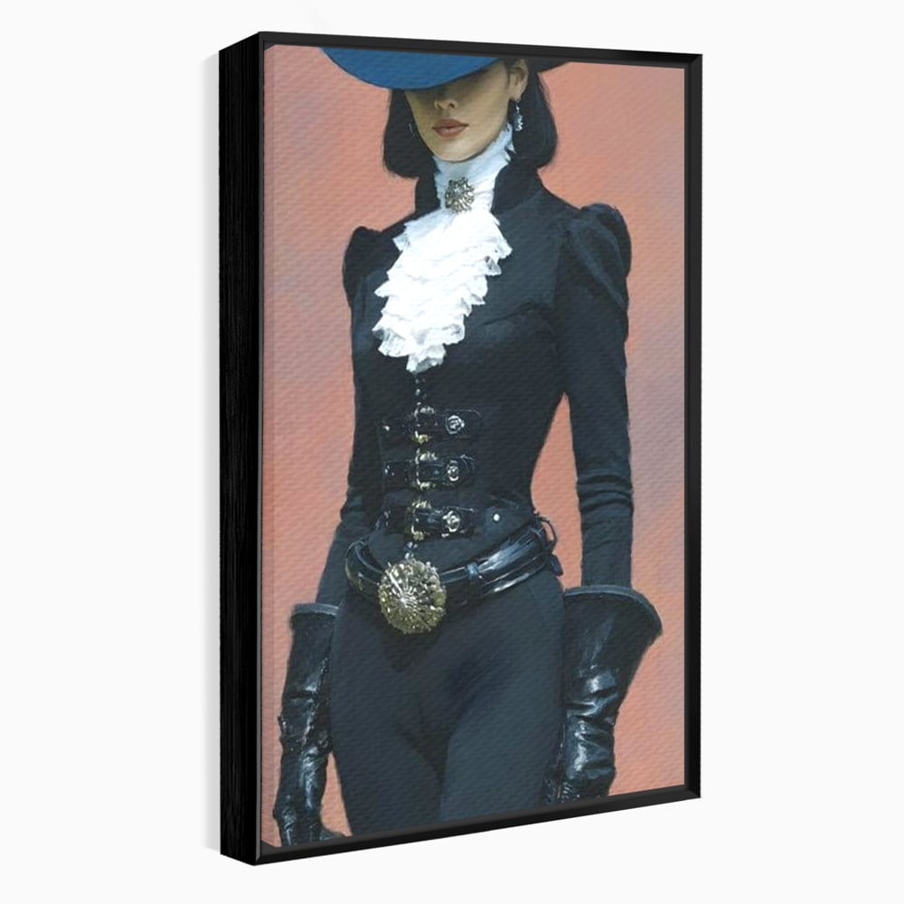 Tablou canvas cu tablou canvas cu femeie aristocrata imbracata in negru, in rama de aluminiu negru