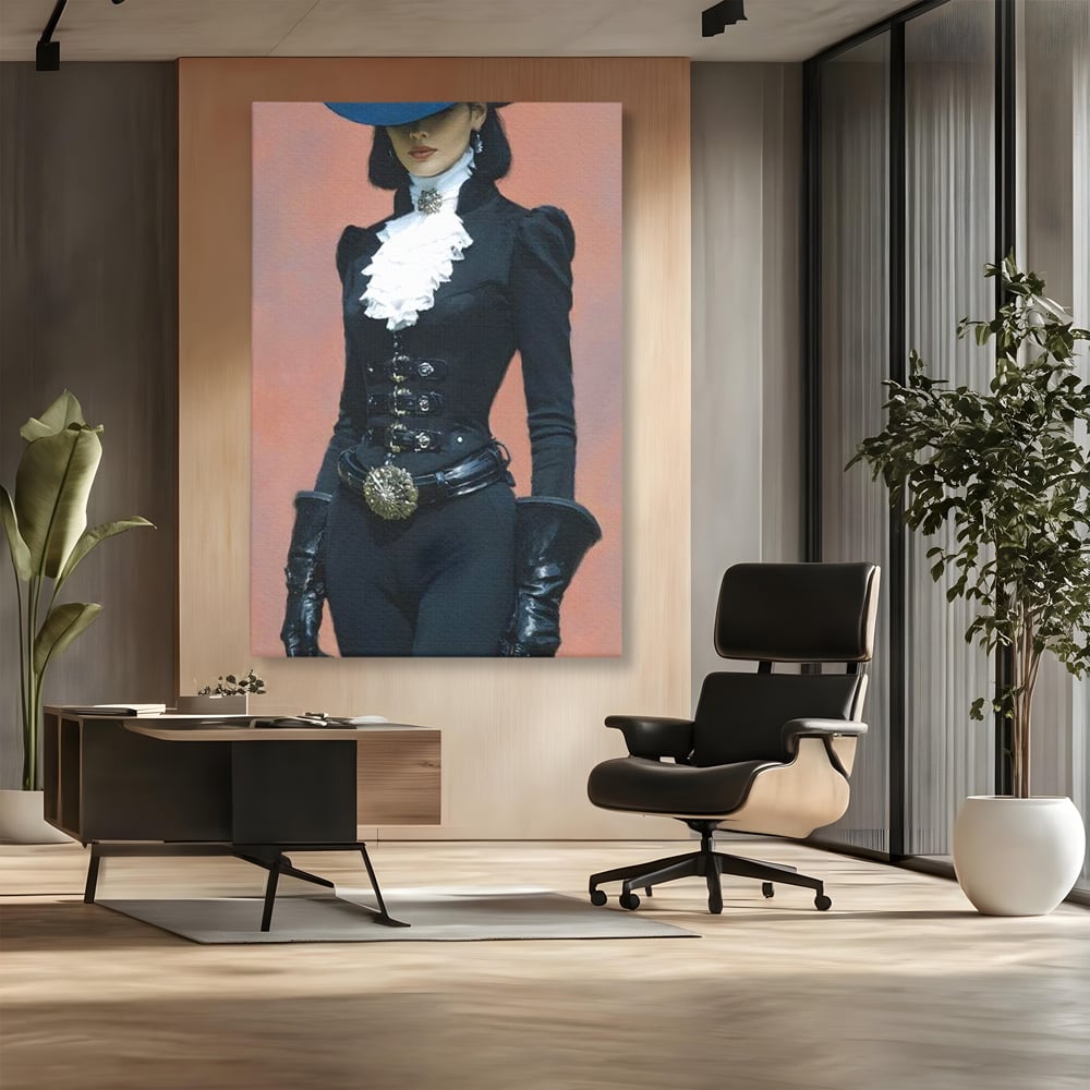 Tablou canvas cu tablou canvas cu femeie aristocrata imbracata in negru, fara rama, pe sasiu de lemn, pe perete intr-un birou