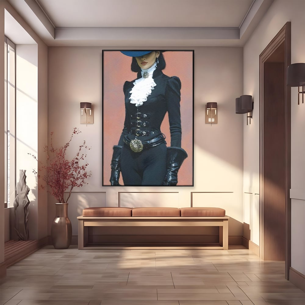 Tablou canvas cu tablou canvas cu femeie aristocrata imbracata in negru, in rama de aluminiu negru