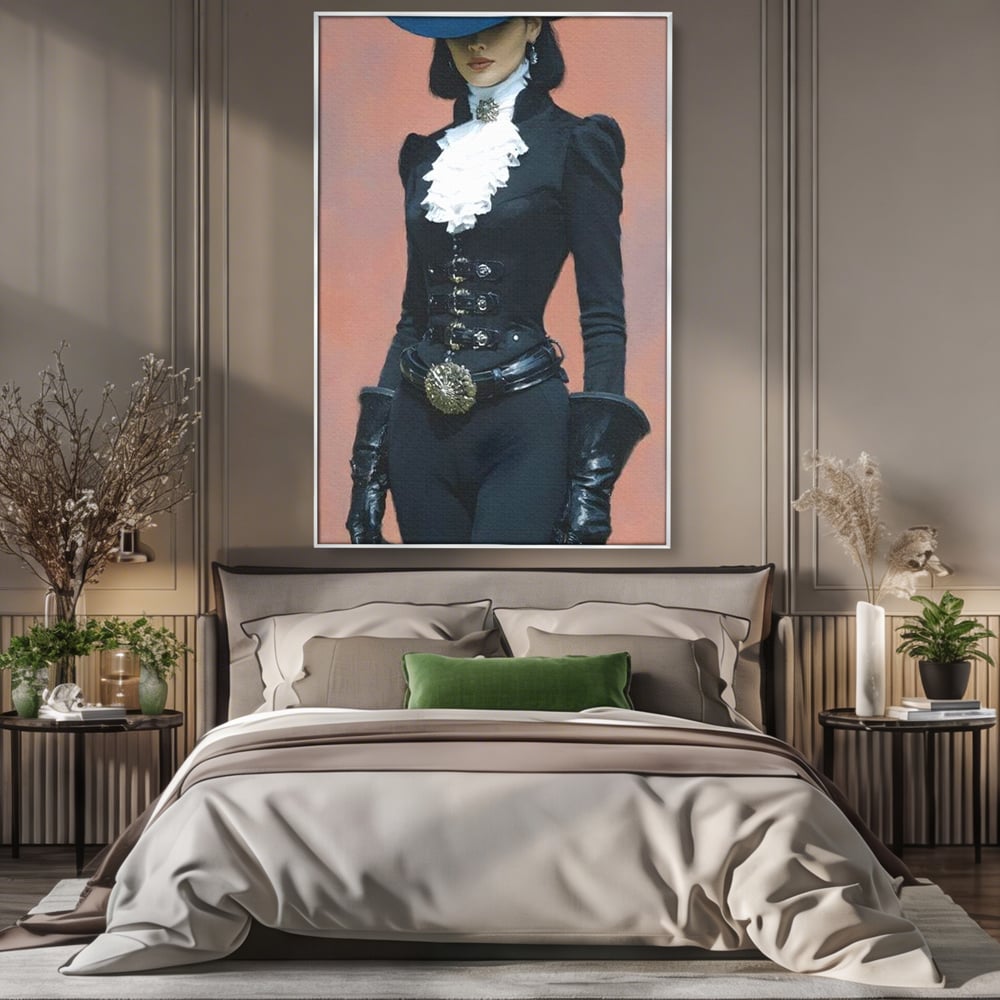 Tablou canvas cu tablou canvas cu femeie aristocrata imbracata in negru, in rama de aluminiu argintiu, pe perete intr-un dormitor