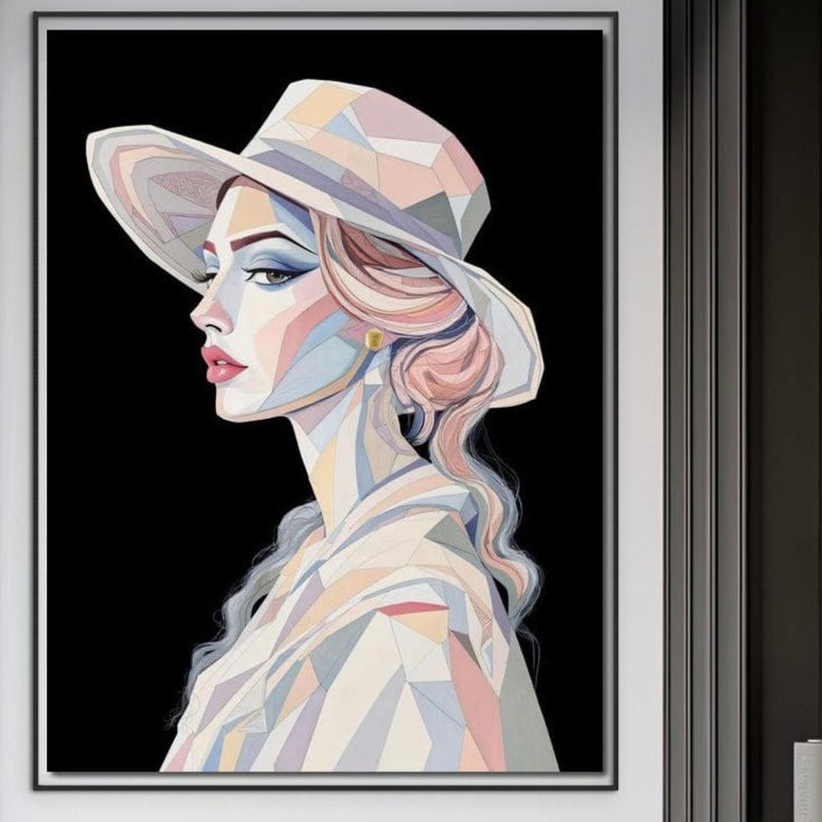 Tablou Canvas Premium, LuxCanva® G1226, Femeia Mozaic, Geometrie, Frumusete, Pastel, Lady, Cubism, Eleganta, Palarie, Sofisticat, Abstract, Atemporal, Stilizat, Modernism, Salon, Birou, Living, Dormitor