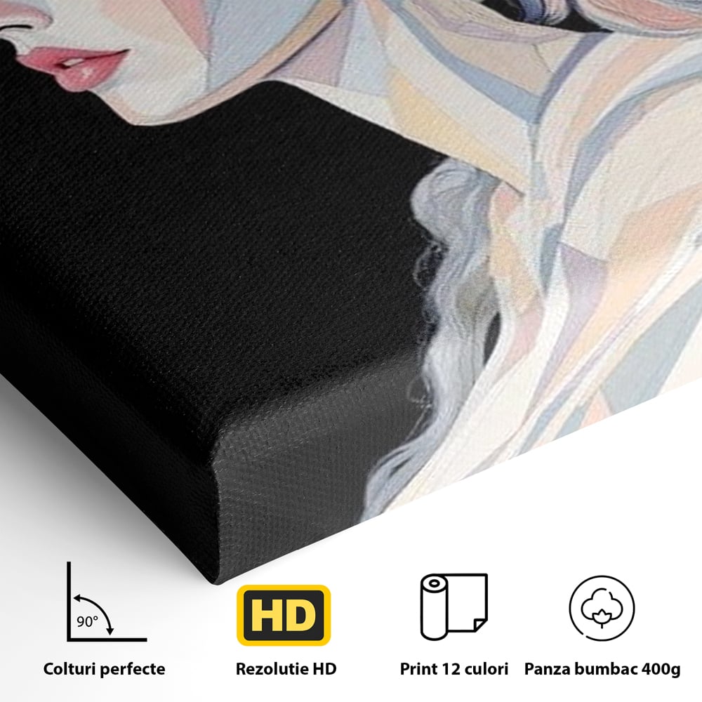Detaliu al suprafetei: tablou canvas cu femeie in stil cubist, fara rama, pe sasiu de lemn