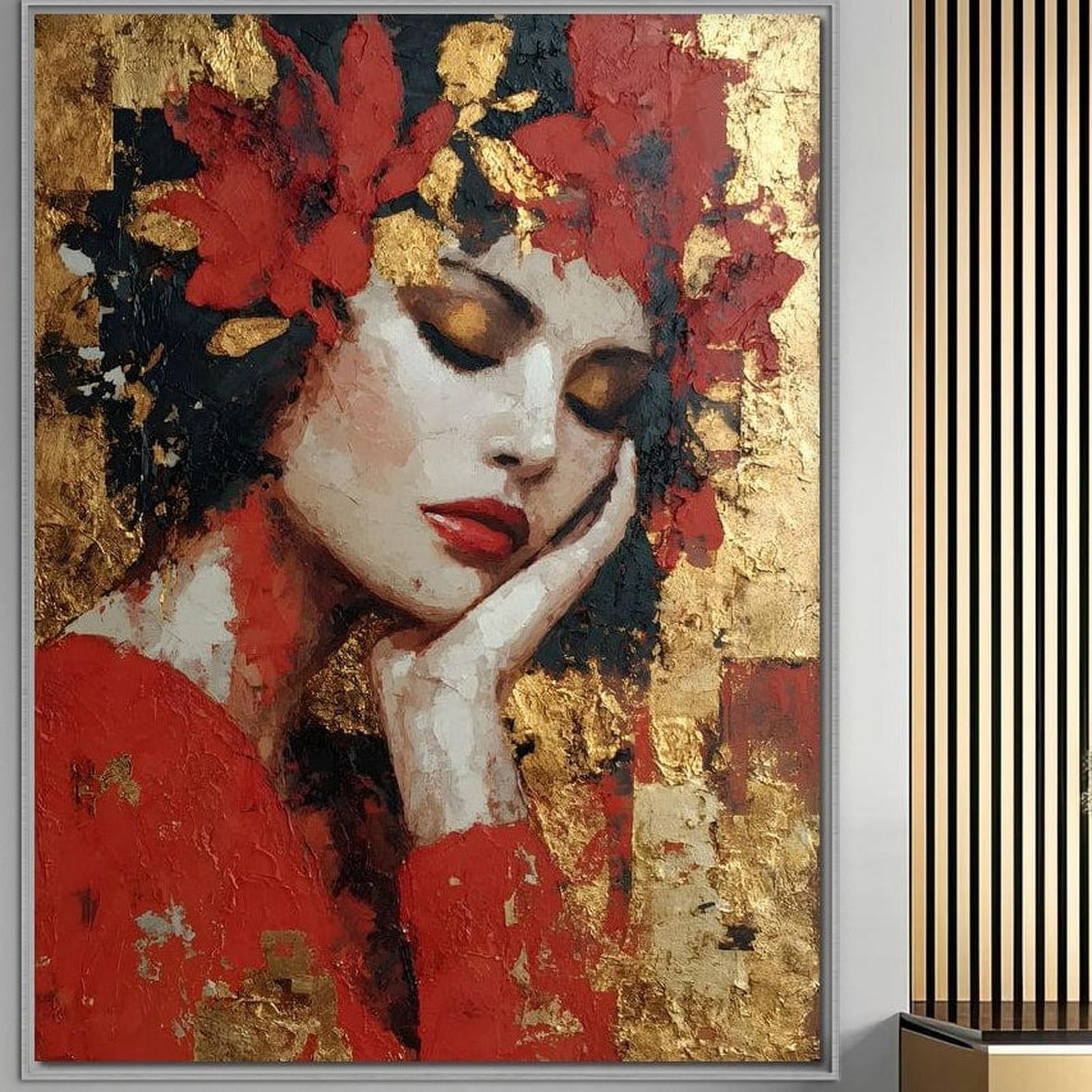 Tablou Canvas Premium, LuxCanva® G1227, Rasuflarea Luminii, Visare, Aur, Rosu, Tacere, Toamna, Catifea, Ganduri, Melancolie, Flori, Portret, Rafinament, Mister, Pasiune, Salon, Living, Dormitor