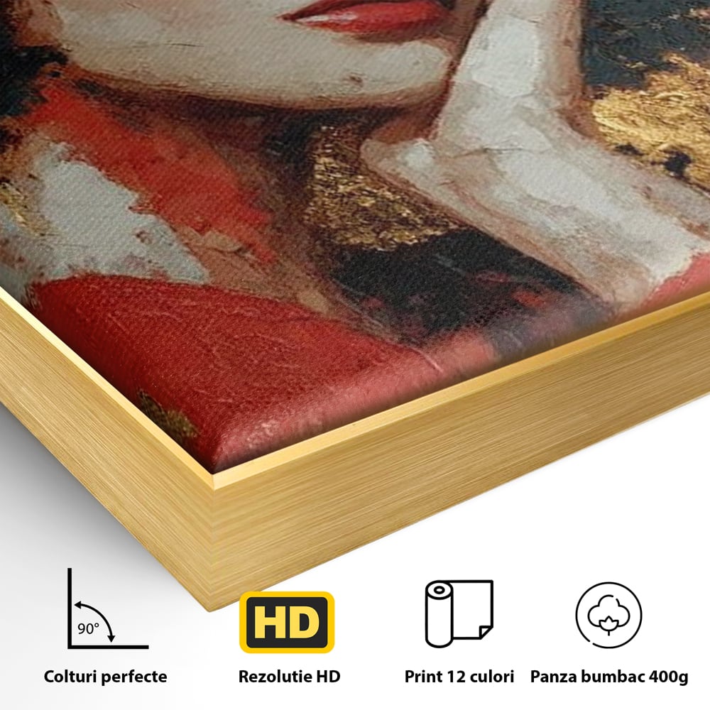 Detaliu al suprafetei: tablou canvas cu portret de femeie ros-auriu, in rama de aluminiu auriu