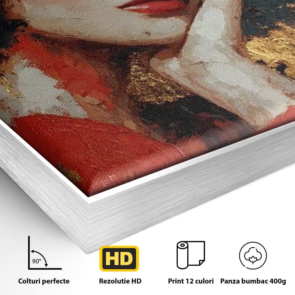 Detaliu al suprafetei: tablou canvas cu portret de femeie ros-auriu, in rama de aluminiu argintiu