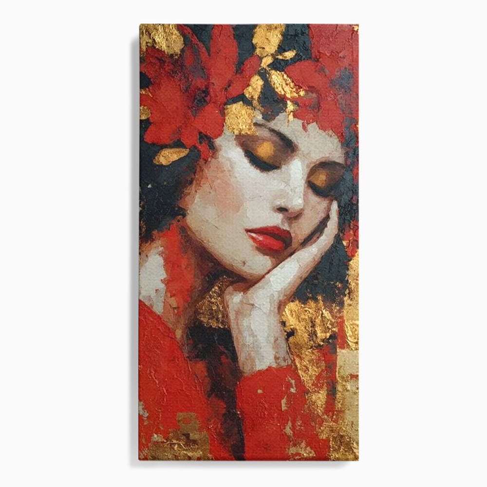 Tablou canvas cu tablou canvas cu portret de femeie ros-auriu, fara rama, pe sasiu de lemn