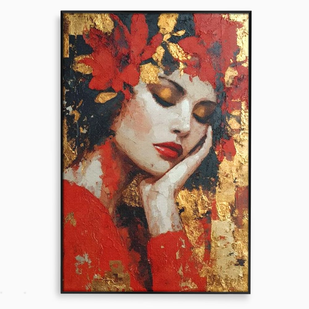 Tablou canvas cu tablou canvas cu portret de femeie ros-auriu, in rama de aluminiu negru