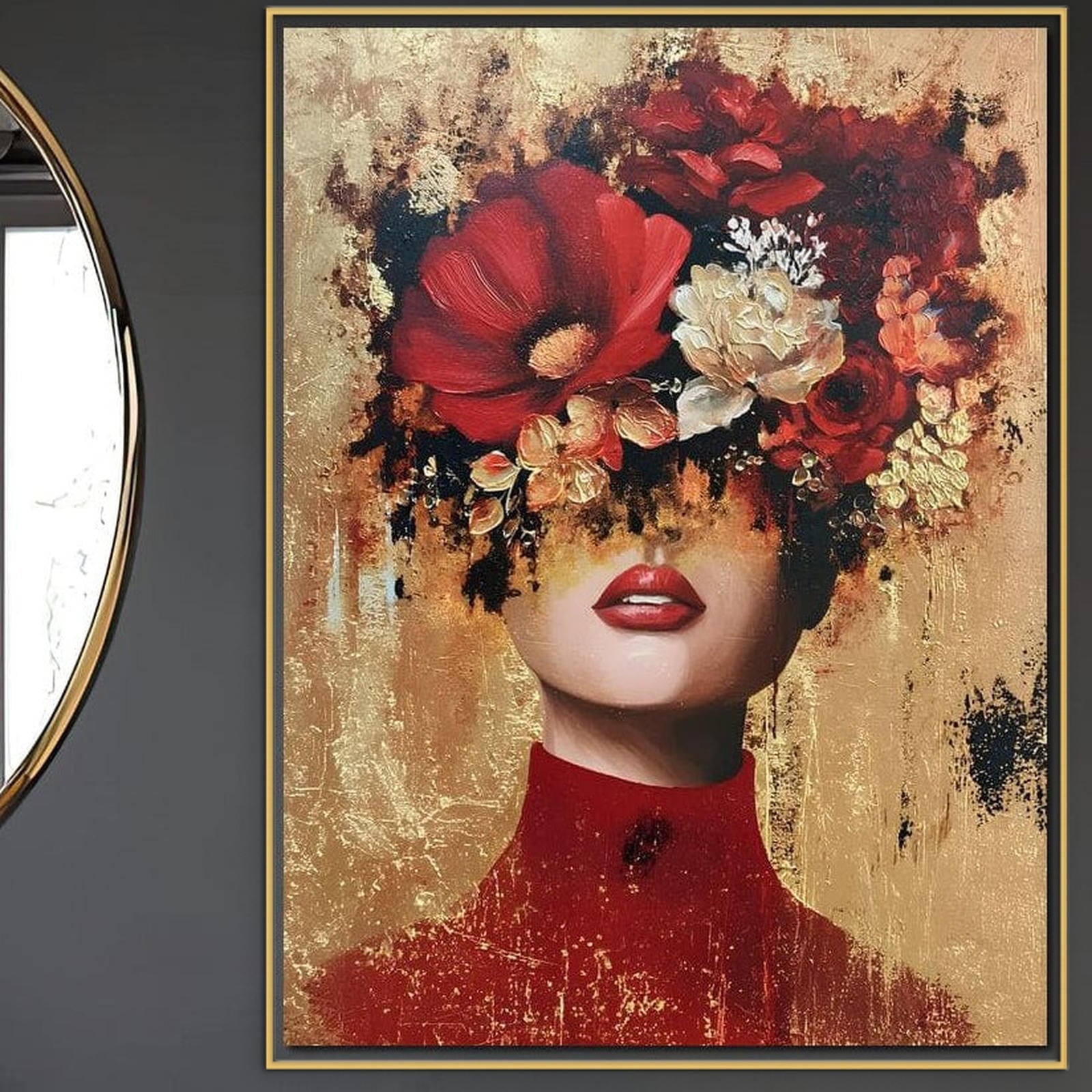 Tablou Canvas Premium, LuxCanva® G1228, Voal din Petale, Gradina, Tacut, Flori, Regina, Eclipsa, Rosu, Trandafir, Aur, Eleganta, Feminitate, Pictura, Texturat, Lux, Modern, Femeie, Salon, Living, Dormitor