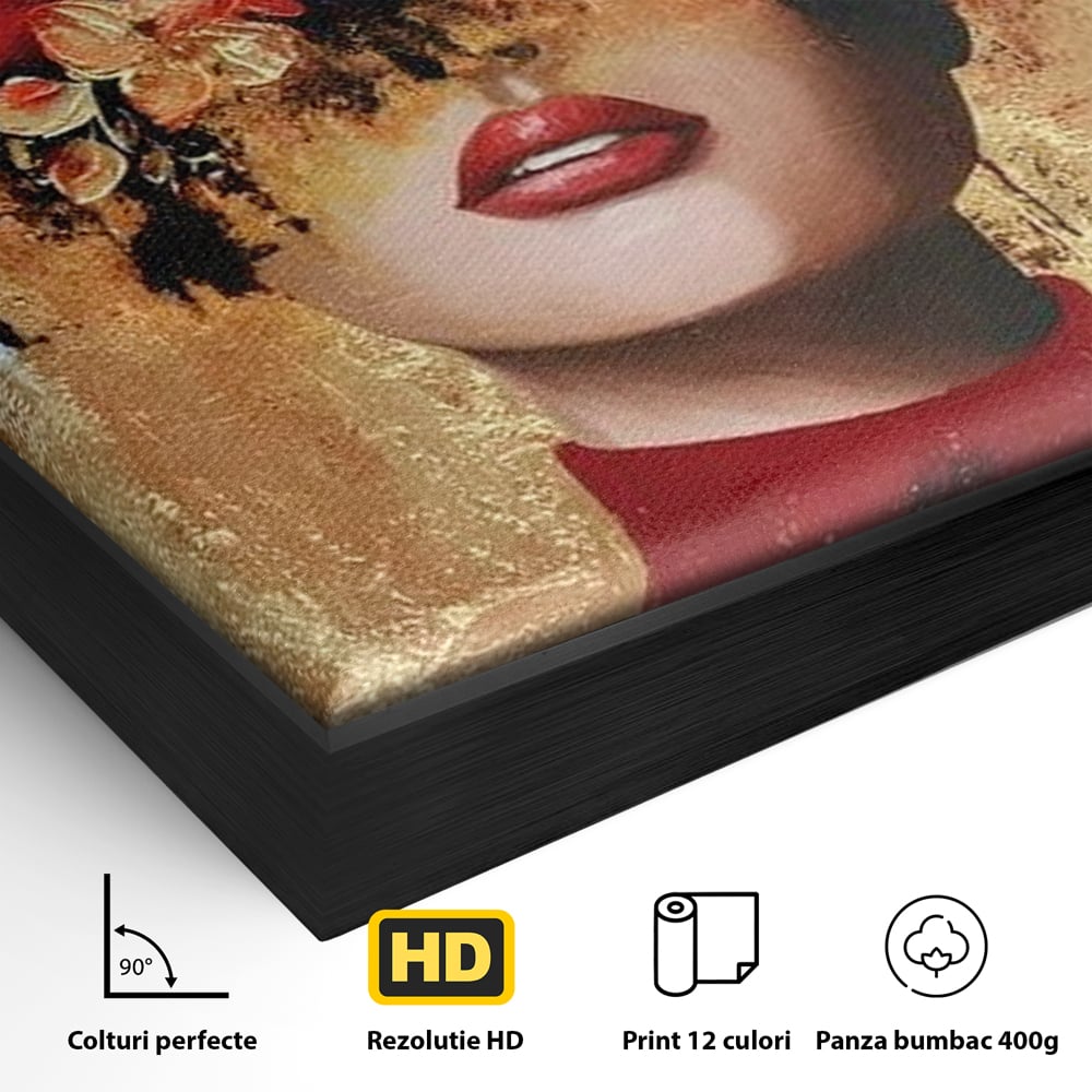 Detaliu al suprafetei: tablou canvas cu portret de femeie si flori rosii, in rama de aluminiu negru