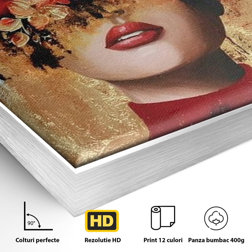 Detaliu al suprafetei: tablou canvas cu portret de femeie si flori rosii, in rama de aluminiu argintiu