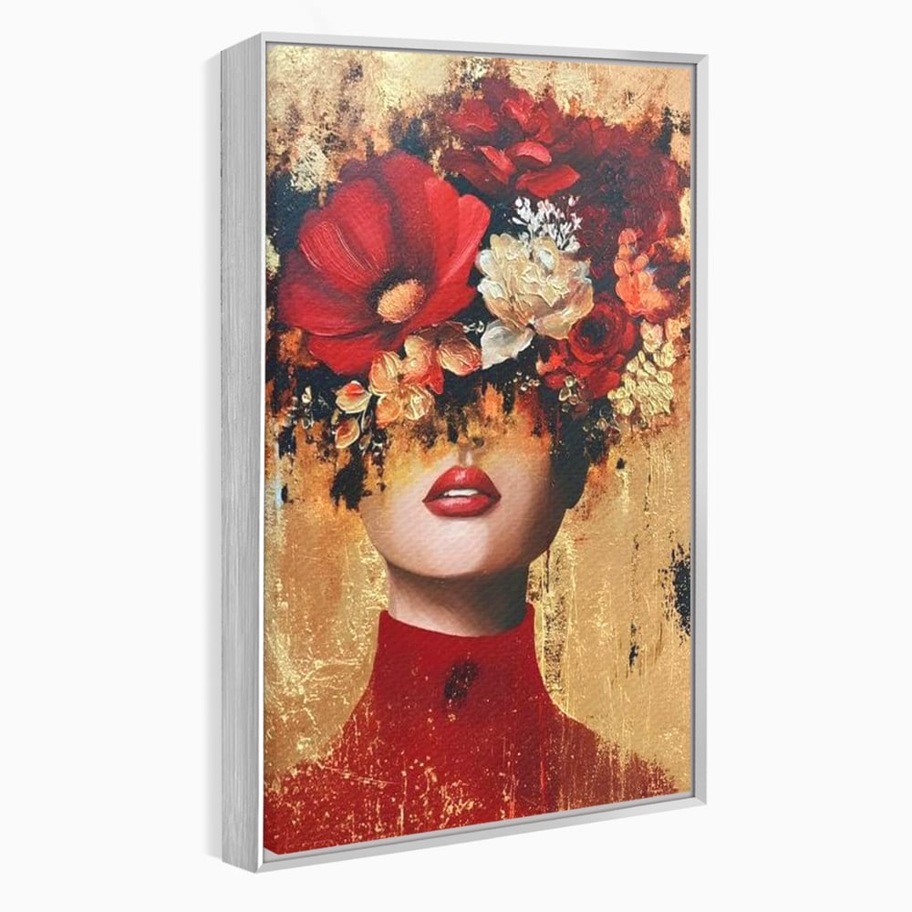 Tablou canvas cu tablou canvas cu portret de femeie si flori rosii, in rama de aluminiu argintiu