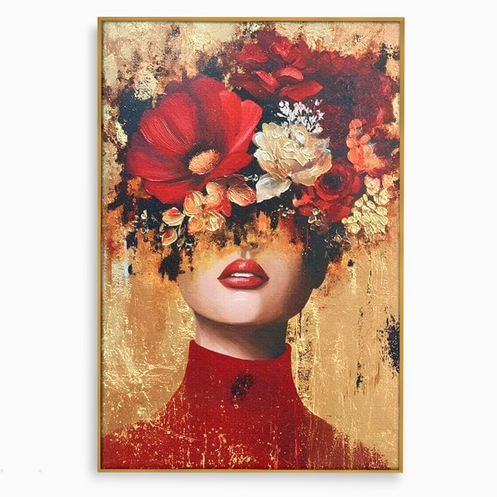 Tablou canvas cu tablou canvas cu portret de femeie si flori rosii, in rama de aluminiu auriu