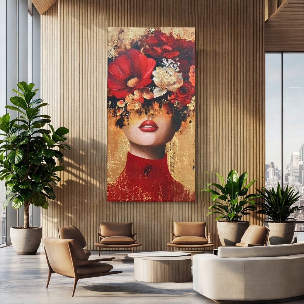 Tablou canvas cu tablou canvas cu portret de femeie si flori rosii, fara rama, pe sasiu de lemn, pe perete intr-un birou