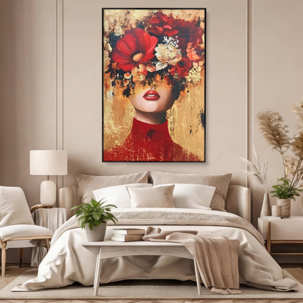 Tablou canvas cu tablou canvas cu portret de femeie si flori rosii, in rama de aluminiu negru, pe perete intr-un dormitor