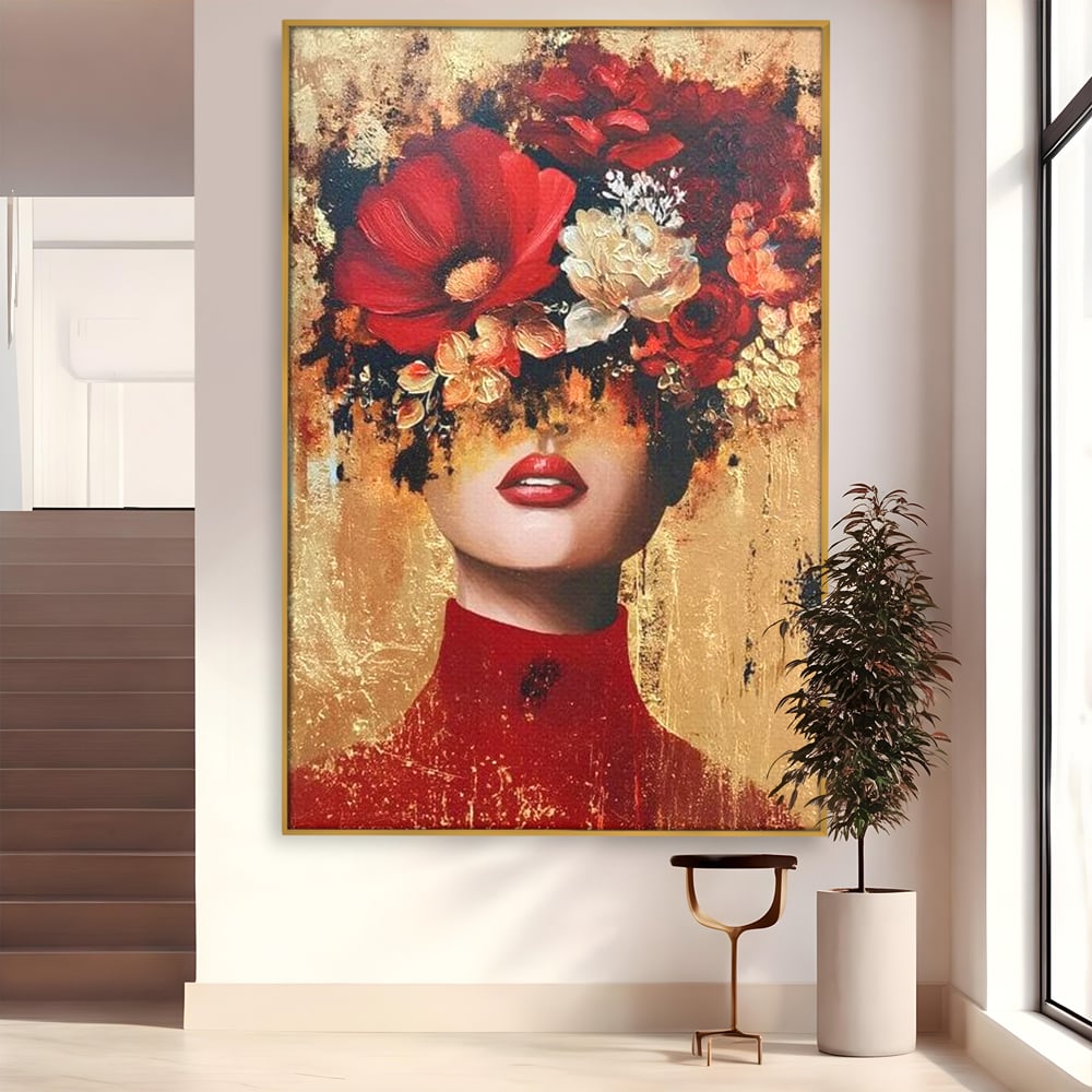 Tablou canvas cu tablou canvas cu portret de femeie si flori rosii, in rama de aluminiu auriu