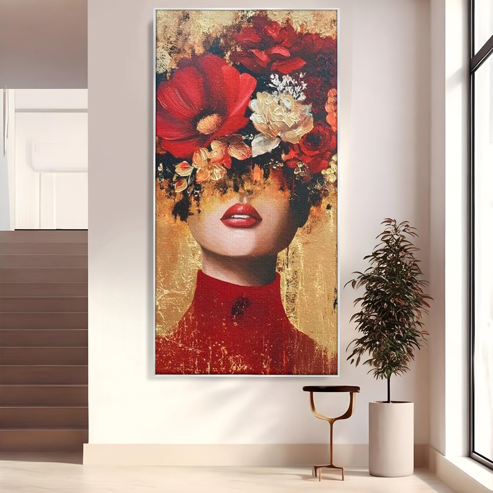 Tablou canvas cu tablou canvas cu portret de femeie si flori rosii, in rama de aluminiu argintiu