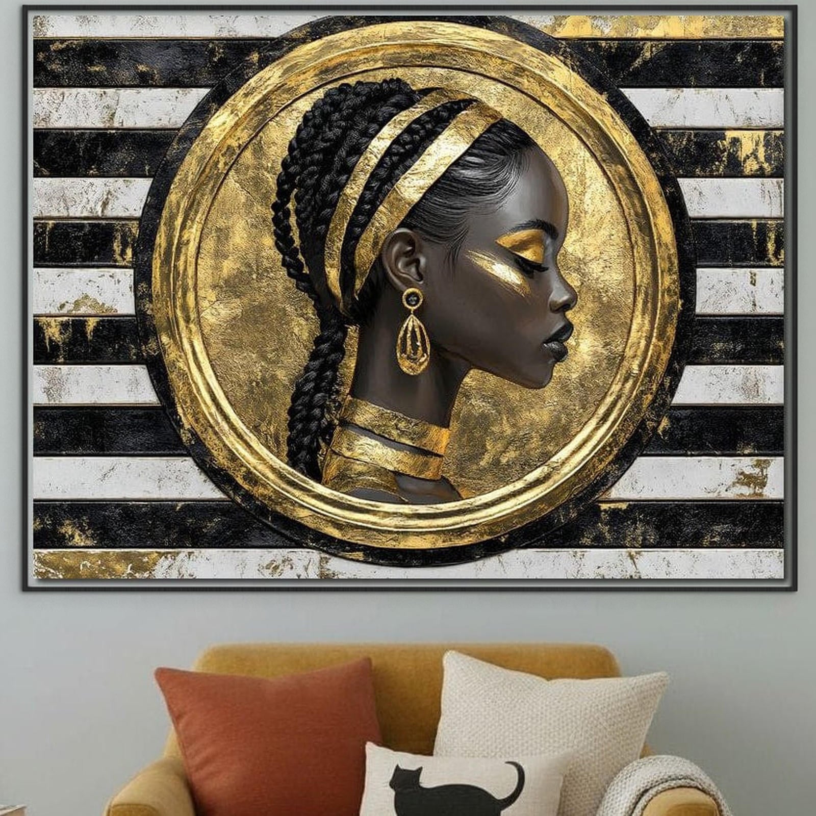 Tablou Canvas Premium, LuxCanva® G1229, Portret Afro Modern, Regalitate, Aur, Negru, Ecou, Putere, Liniste, Zeitate, Modern, Cerc, Esenta, Minimalism, Lux, Contrast, Sofisticat, Salon, Living, Dormitor