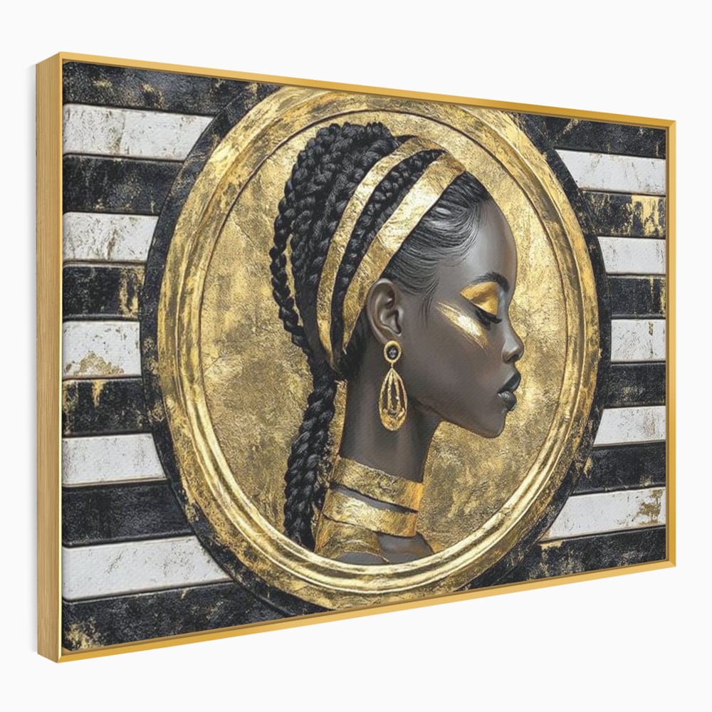 Tablou canvas cu tablou canvas cu portret afro, in rama de aluminiu auriu