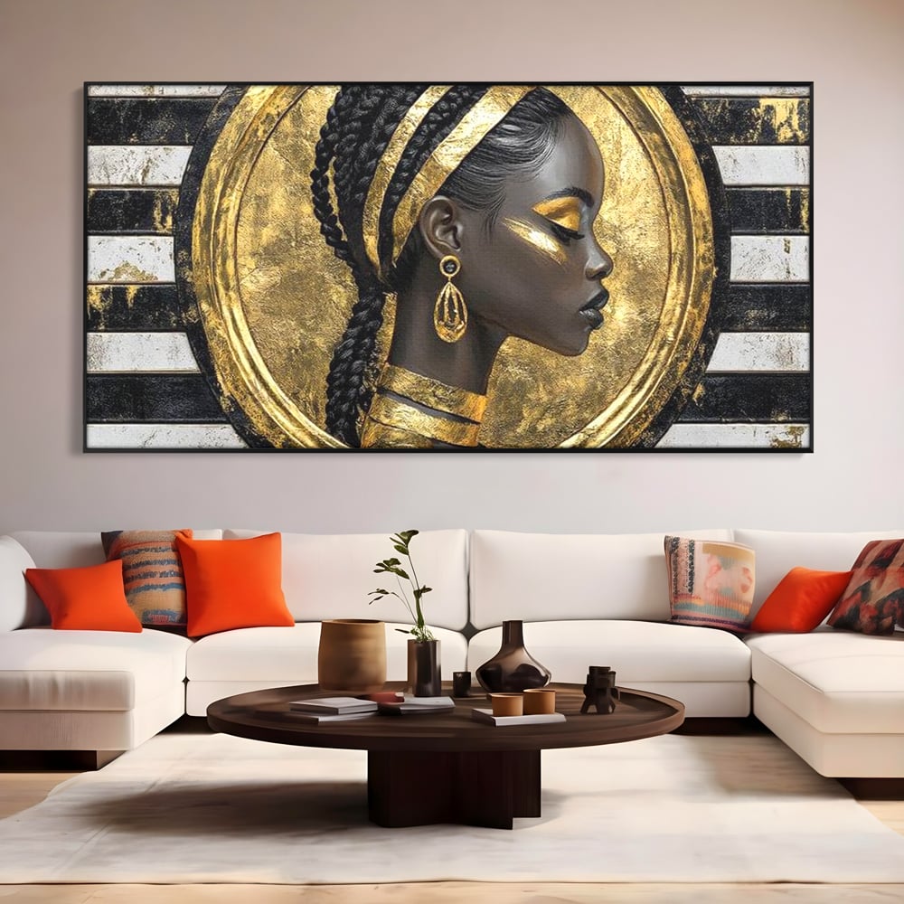 Tablou canvas cu tablou canvas cu portret afro, in rama de aluminiu negru, pe perete intr-un living