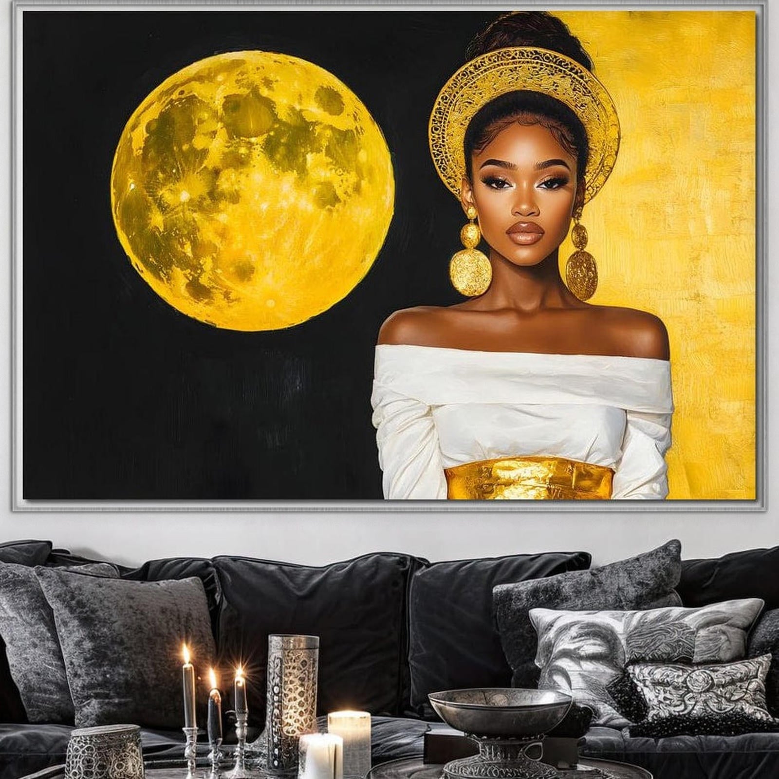 Tablou Canvas Premium, LuxCanva® G1230, Lumina din Tine, Luna, Aur, Aurora, Nocturn, Cr, Pamant, Cosic, Alb, Negru, Forta, Divinitate, Bijuterii, Cercei, Rochie, Umeri, Senzual, Salon, Living, Dormitor