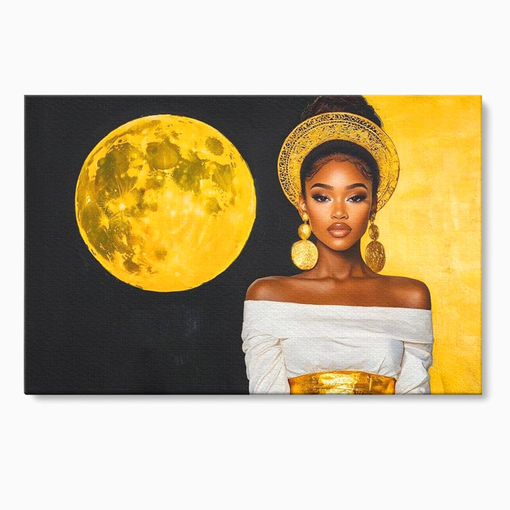 Tablou canvas cu tablou canvas cu femeie si luna aurie, fara rama, pe sasiu de lemn