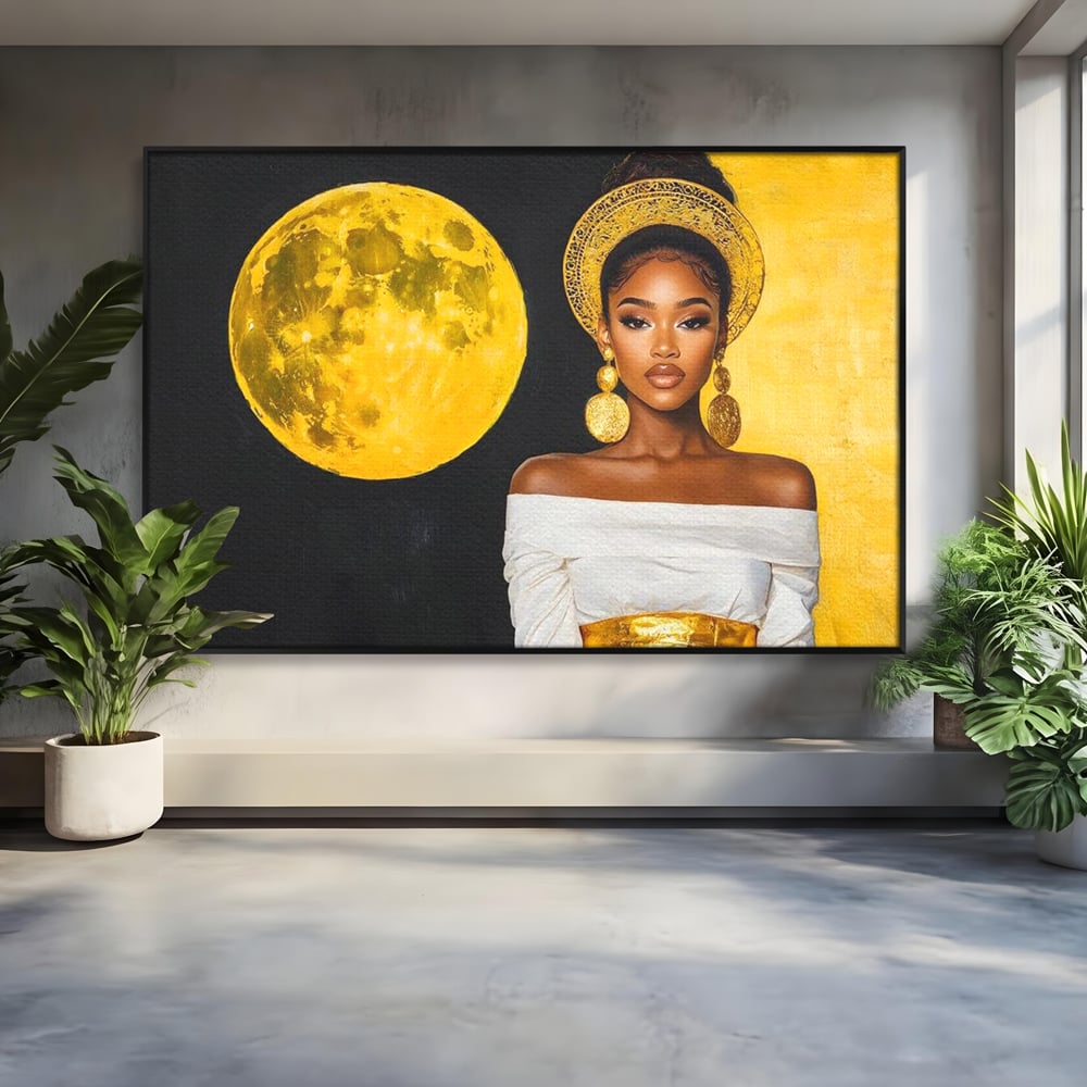 Tablou canvas cu tablou canvas cu femeie si luna aurie, in rama de aluminiu negru