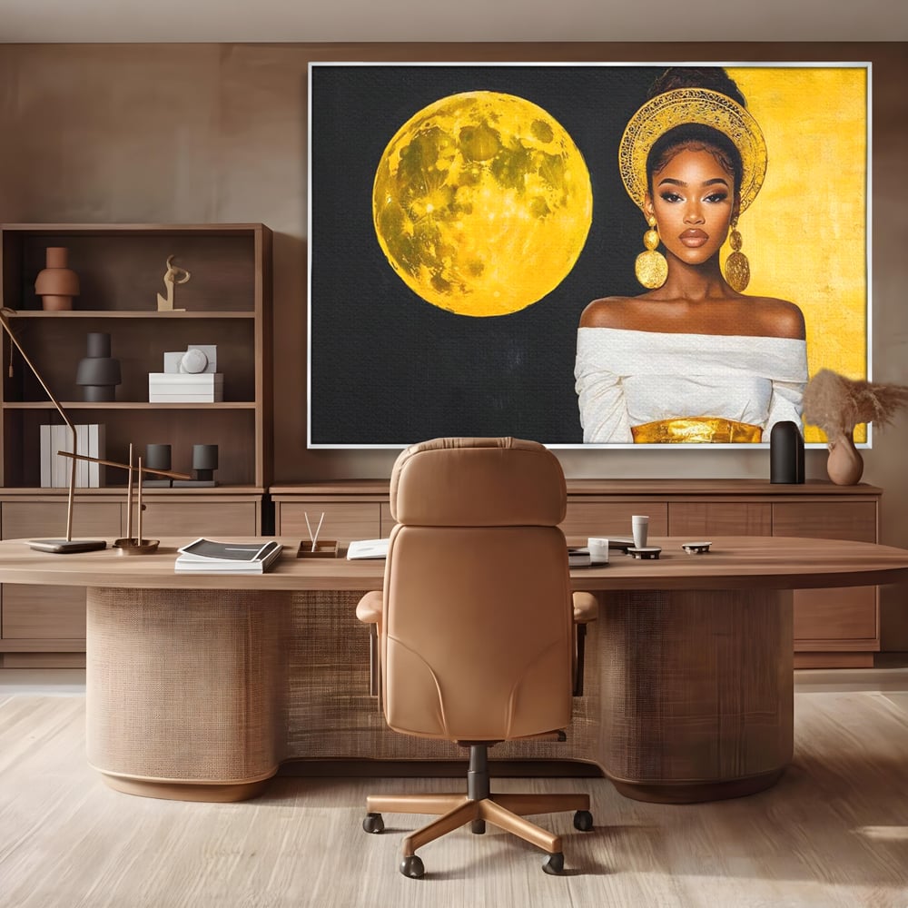 Tablou canvas cu tablou canvas cu femeie si luna aurie, in rama de aluminiu argintiu, pe perete intr-un birou