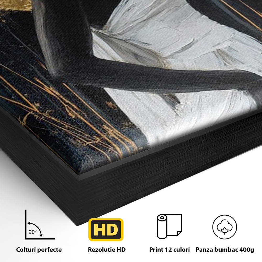 Detaliu al suprafetei: tablou canvas cu femeie si cerc auriu, in rama de aluminiu negru