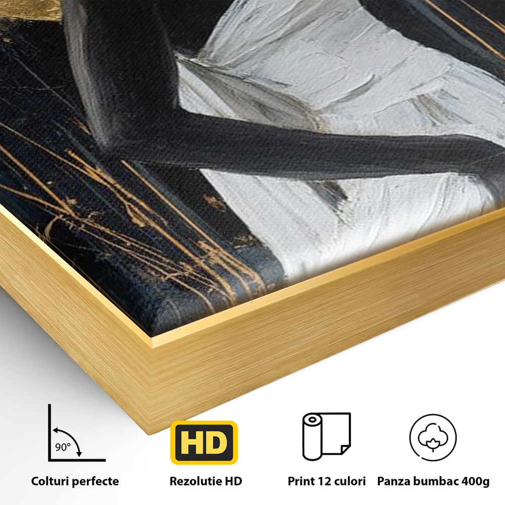 Detaliu al suprafetei: tablou canvas cu femeie si cerc auriu, in rama de aluminiu auriu