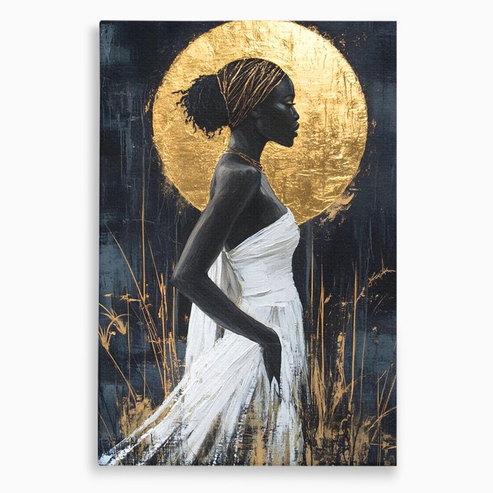 Tablou canvas cu tablou canvas cu femeie si cerc auriu, fara rama, pe sasiu de lemn