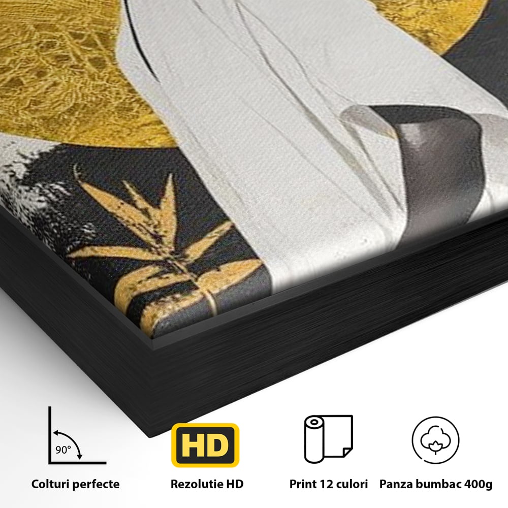 Detaliu al suprafetei: tablou canvas cu portret de femeie afro, in rama de aluminiu negru