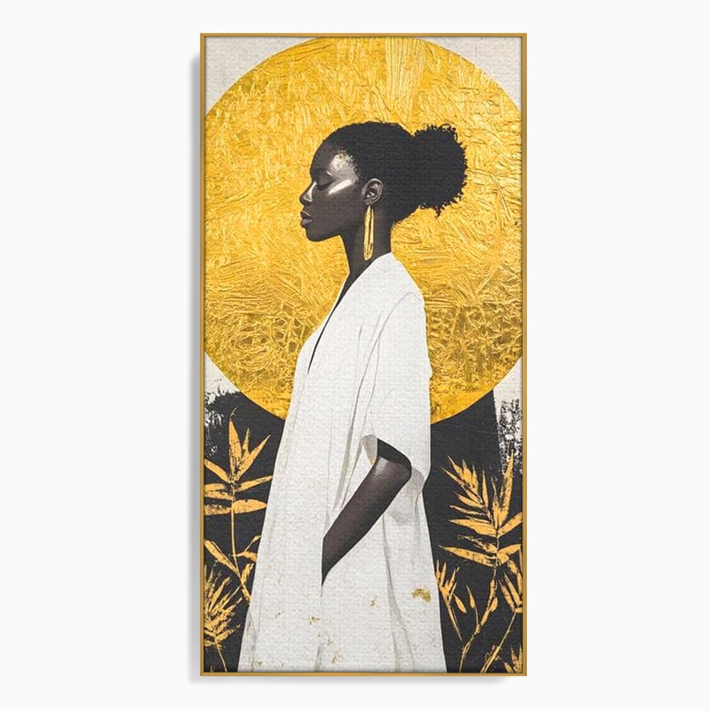 Tablou canvas cu tablou canvas cu portret de femeie afro, in rama de aluminiu auriu