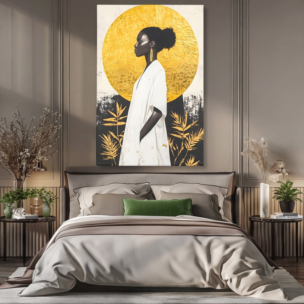 Tablou canvas cu tablou canvas cu portret de femeie afro, fara rama, pe sasiu de lemn, pe perete intr-un dormitor