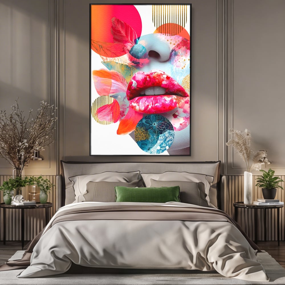 Tablou canvas cu tablou canvas cu buze roz si nas albastru, in rama de aluminiu negru, pe perete intr-un dormitor