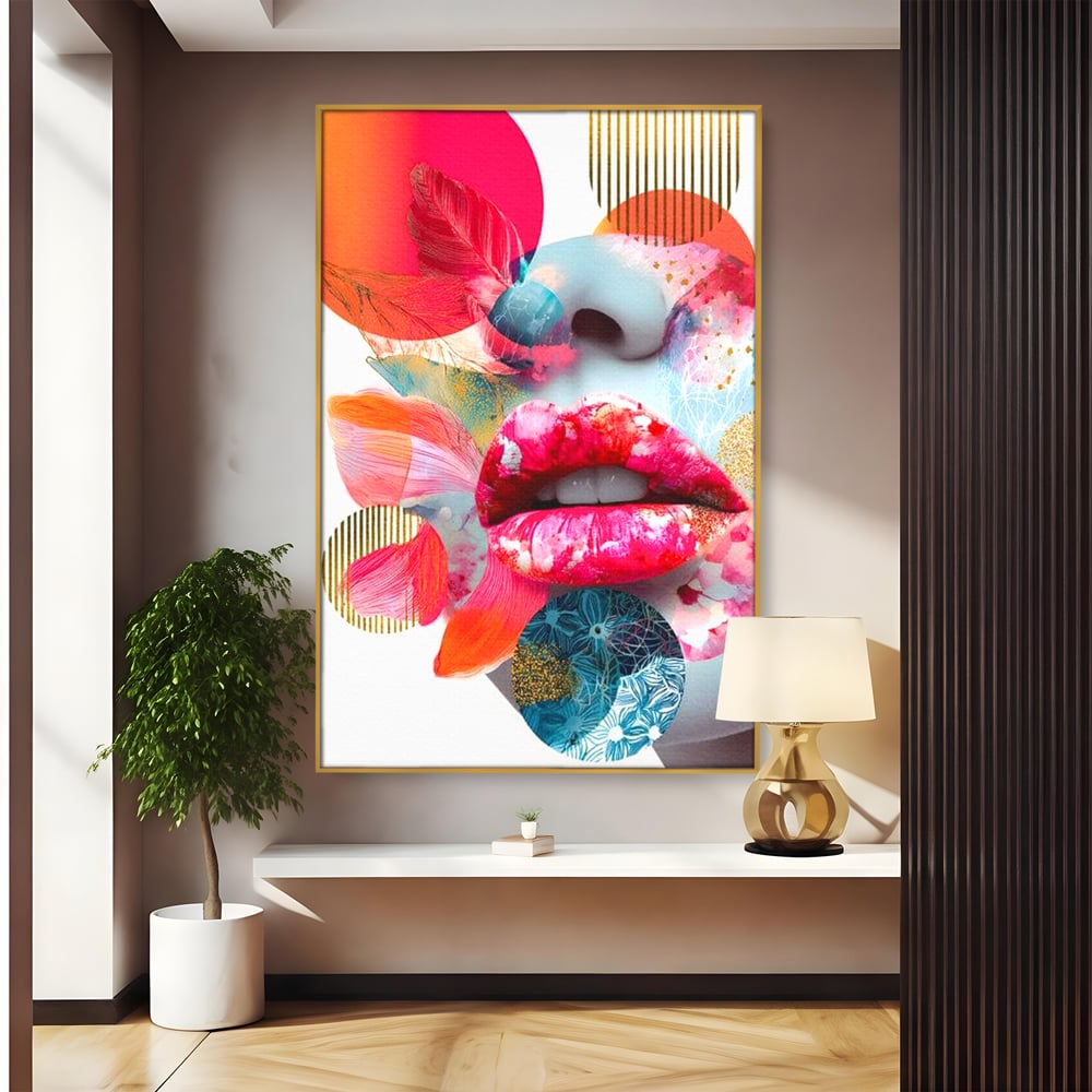 Tablou canvas cu tablou canvas cu buze roz si nas albastru, in rama de aluminiu auriu
